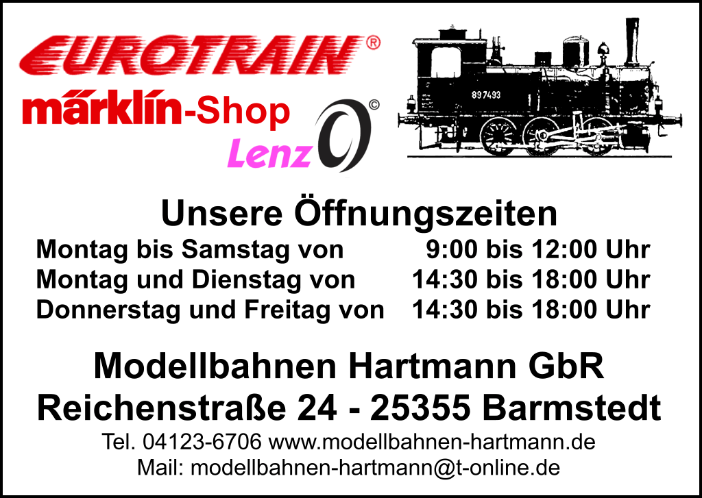 Öffnungszeiten Modellbahn Hartmann